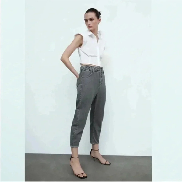 Zara gray paper bag front button denim pants - Picture 2 of 10